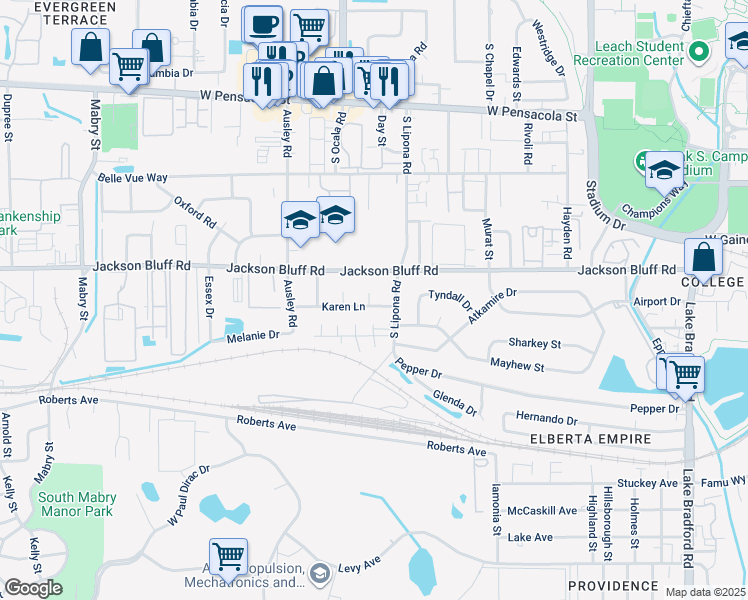 map of restaurants, bars, coffee shops, grocery stores, and more near 808 Evelyn Court in Tallahassee