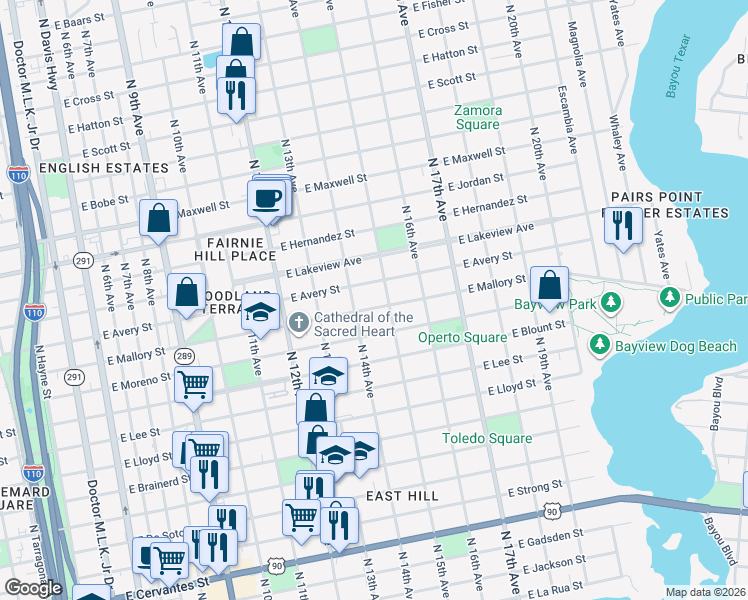 map of restaurants, bars, coffee shops, grocery stores, and more near 1411 East Avery Street in Pensacola
