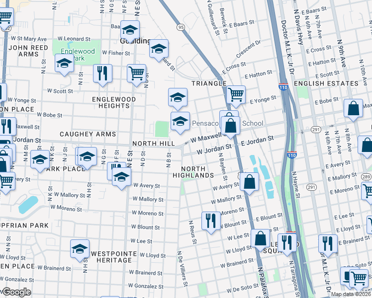 map of restaurants, bars, coffee shops, grocery stores, and more near 500 West Maxwell Street in Pensacola