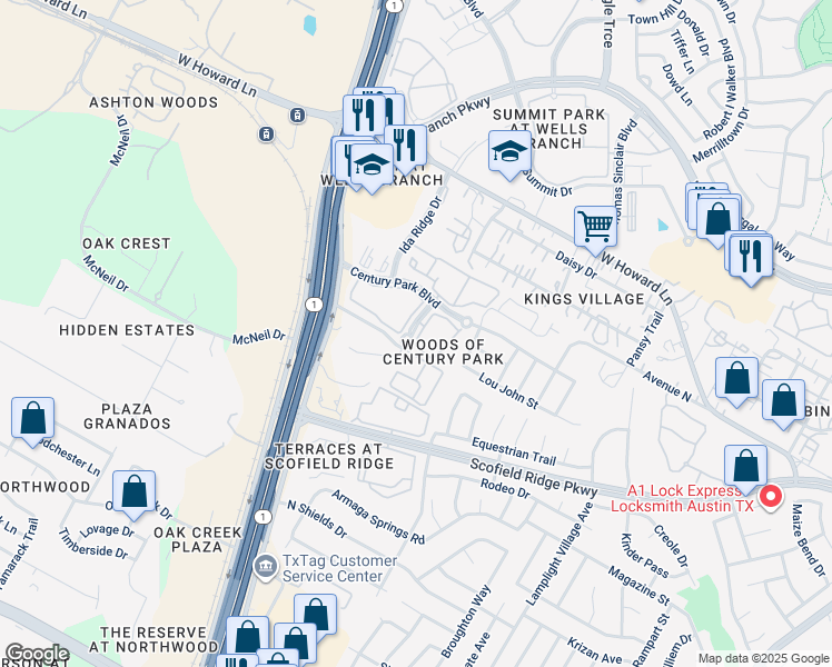 map of restaurants, bars, coffee shops, grocery stores, and more near 30 Elm Ridge Lane in Austin