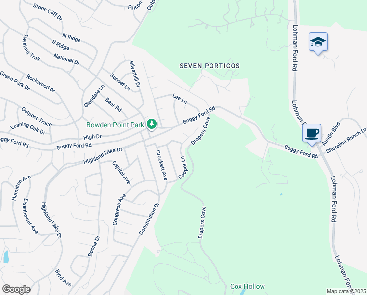 map of restaurants, bars, coffee shops, grocery stores, and more near 4205 Cooper Lane in Lago Vista