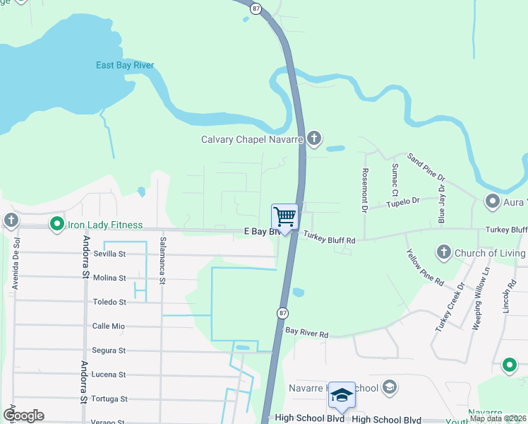 map of restaurants, bars, coffee shops, grocery stores, and more near 2714 Ola Broxson Road in Navarre