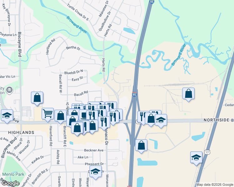 map of restaurants, bars, coffee shops, grocery stores, and more near 10965 Harts Road in Jacksonville