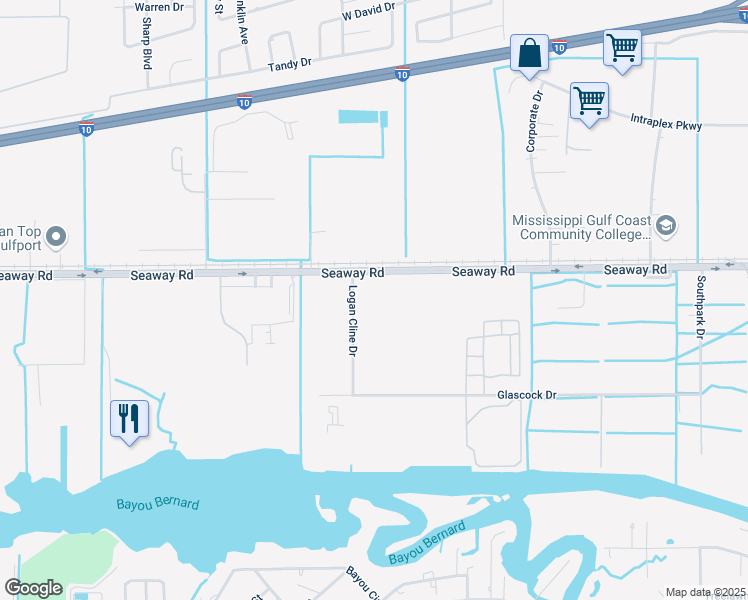 map of restaurants, bars, coffee shops, grocery stores, and more near 10210 Logan Cline Drive in Gulfport