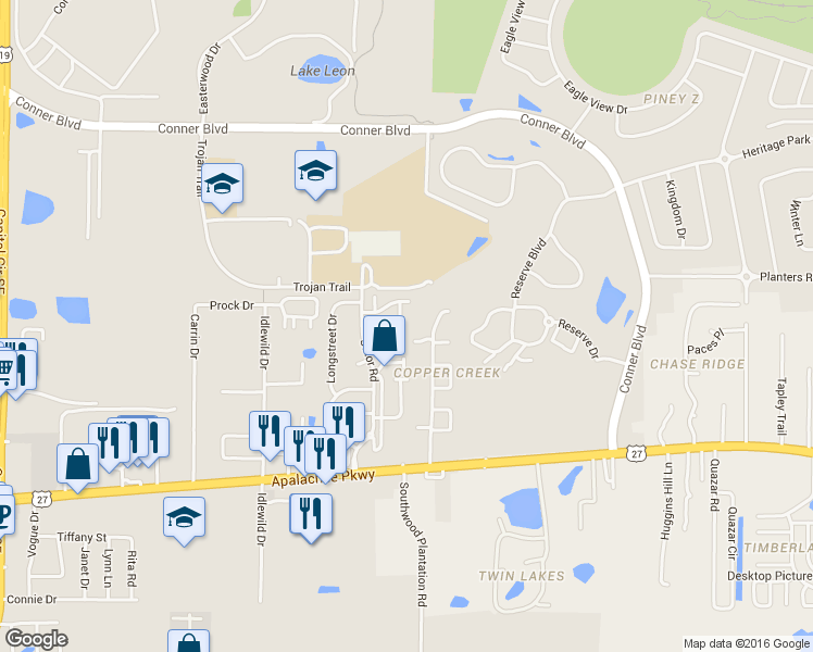 map of restaurants, bars, coffee shops, grocery stores, and more near 1023 Crossing Brook Way in Tallahassee