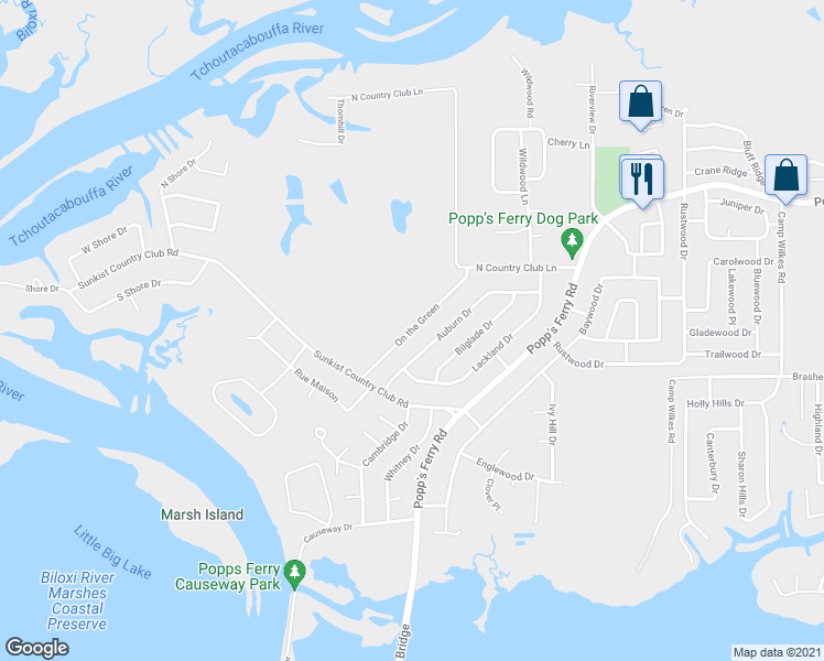 map of restaurants, bars, coffee shops, grocery stores, and more near 835 On the Green in Biloxi