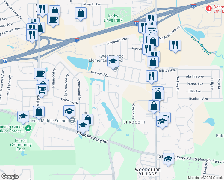 map of restaurants, bars, coffee shops, grocery stores, and more near 15407 Mistybrook Drive in Baton Rouge