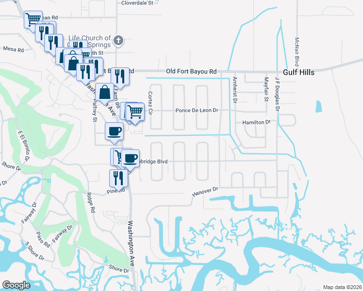 map of restaurants, bars, coffee shops, grocery stores, and more near 6316 Chaucer Dr in Ocean Springs