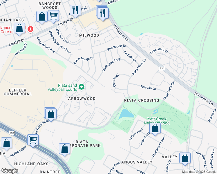 map of restaurants, bars, coffee shops, grocery stores, and more near 5702 Avery Island Avenue in Austin