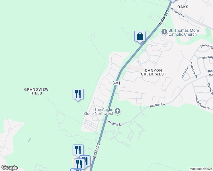 map of restaurants, bars, coffee shops, grocery stores, and more near 11908 Viscaya Way in Austin