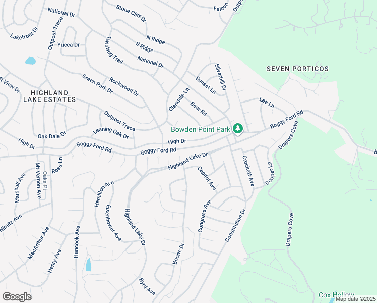 map of restaurants, bars, coffee shops, grocery stores, and more near 20308 Highland Lake Drive in Lago Vista