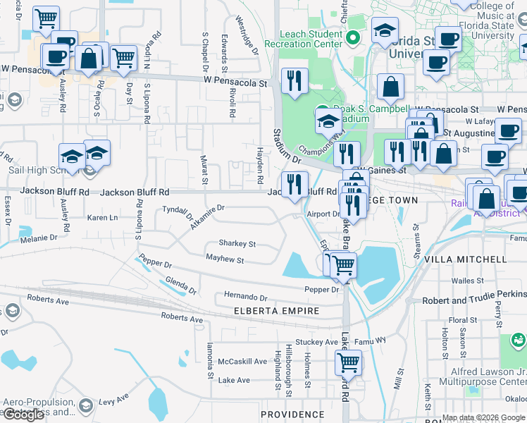 map of restaurants, bars, coffee shops, grocery stores, and more near 1601 Atkamire Drive in Tallahassee