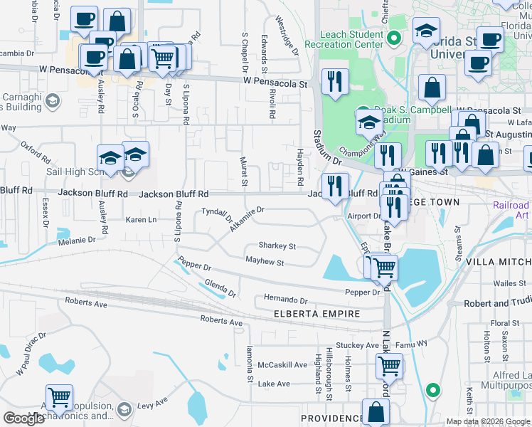 map of restaurants, bars, coffee shops, grocery stores, and more near 1629 Atkamire Drive in Tallahassee