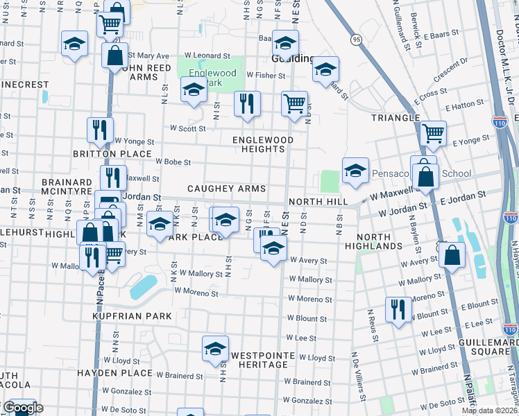 map of restaurants, bars, coffee shops, grocery stores, and more near 1003 West Jordan Street in Pensacola