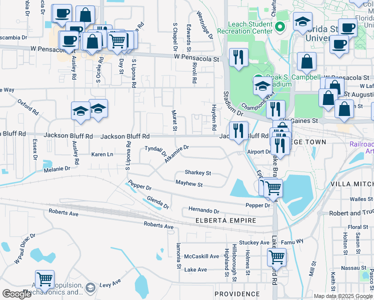 map of restaurants, bars, coffee shops, grocery stores, and more near 1645 Atkamire Drive in Tallahassee