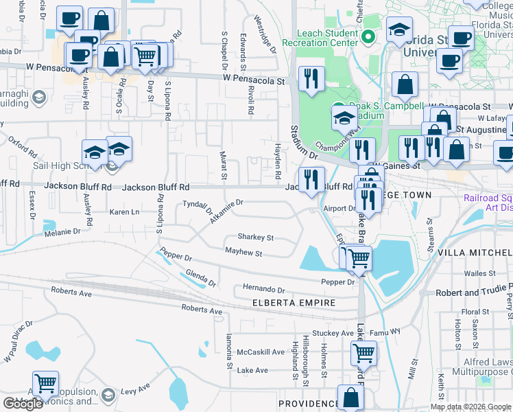 map of restaurants, bars, coffee shops, grocery stores, and more near 1629 Atkamire Drive in Tallahassee