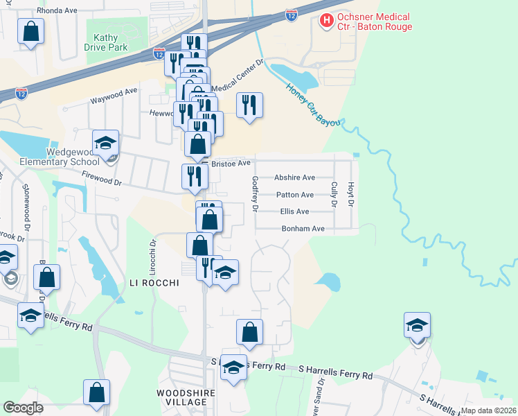 map of restaurants, bars, coffee shops, grocery stores, and more near 16433 Ellis Avenue in Baton Rouge