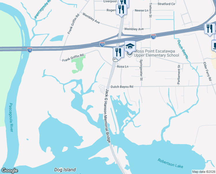 map of restaurants, bars, coffee shops, grocery stores, and more near 3901 Dutch Bayou Road in Moss Point