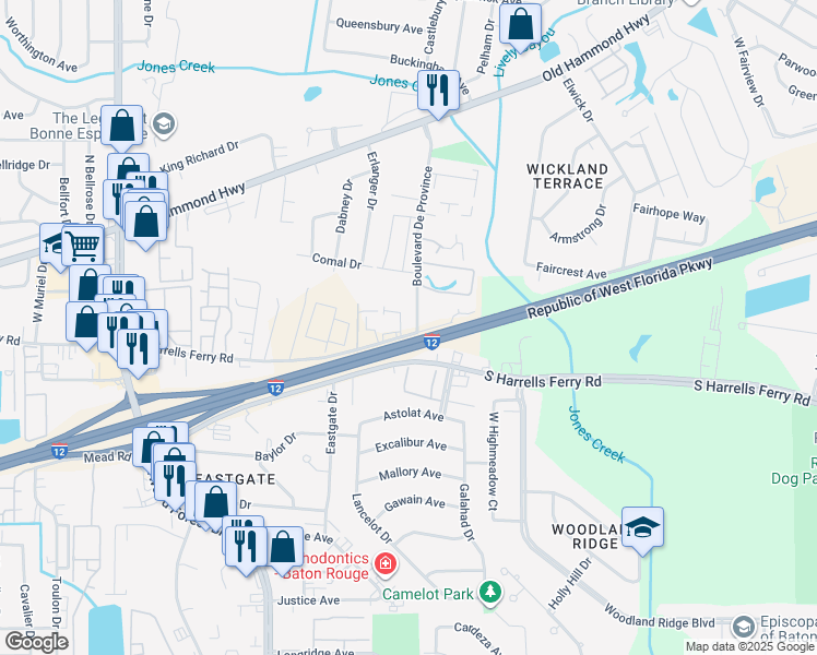 map of restaurants, bars, coffee shops, grocery stores, and more near 12081 North Harrells Ferry Road in Baton Rouge