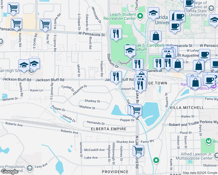 map of restaurants, bars, coffee shops, grocery stores, and more near 1505 Atkamire Drive in Tallahassee