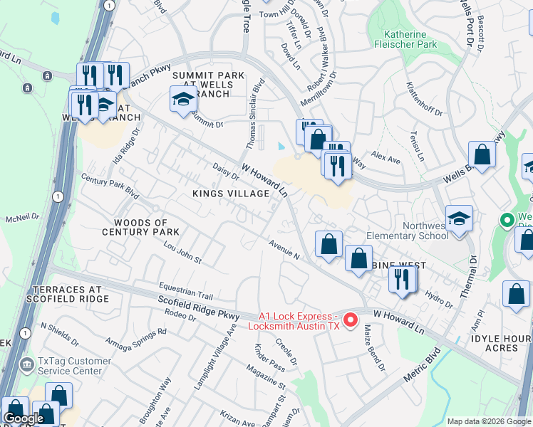 map of restaurants, bars, coffee shops, grocery stores, and more near 2204 Gardenia Drive in Austin