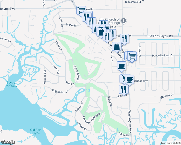 map of restaurants, bars, coffee shops, grocery stores, and more near 6300 Prado Road in Ocean Springs