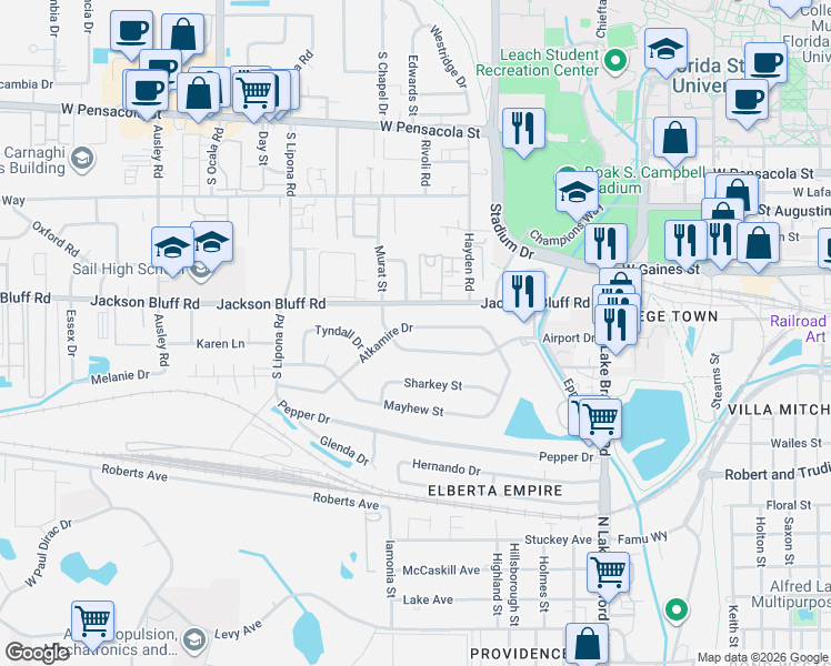 map of restaurants, bars, coffee shops, grocery stores, and more near 1629 Atkamire Drive in Tallahassee