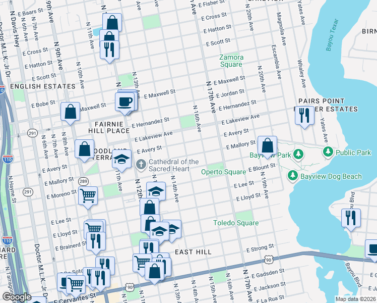 map of restaurants, bars, coffee shops, grocery stores, and more near 1508 East Mallory Street in Pensacola