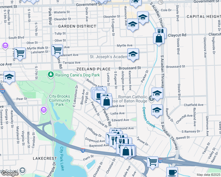 map of restaurants, bars, coffee shops, grocery stores, and more near 1604 Letitia Street in Baton Rouge