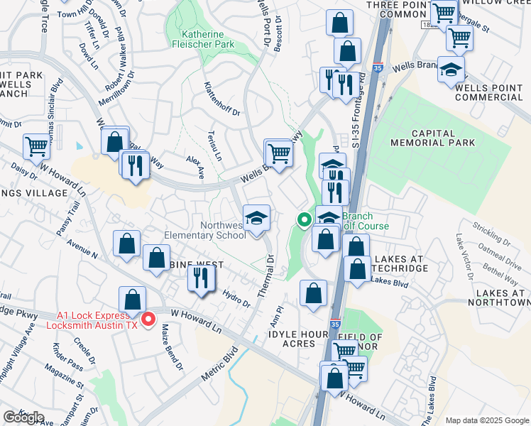 map of restaurants, bars, coffee shops, grocery stores, and more near 14100 Thermal Drive in Austin