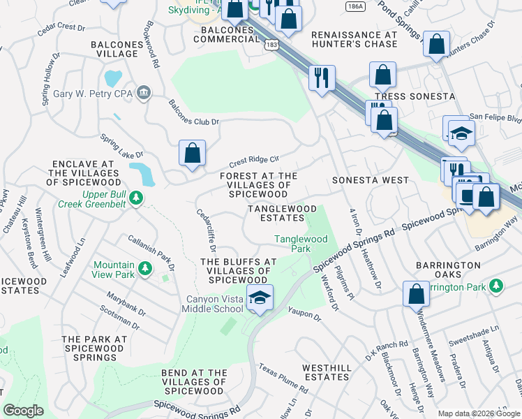 map of restaurants, bars, coffee shops, grocery stores, and more near 11503 Rustic Rock Drive in Austin