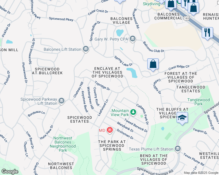 map of restaurants, bars, coffee shops, grocery stores, and more near 9304 Topridge Drive in Austin
