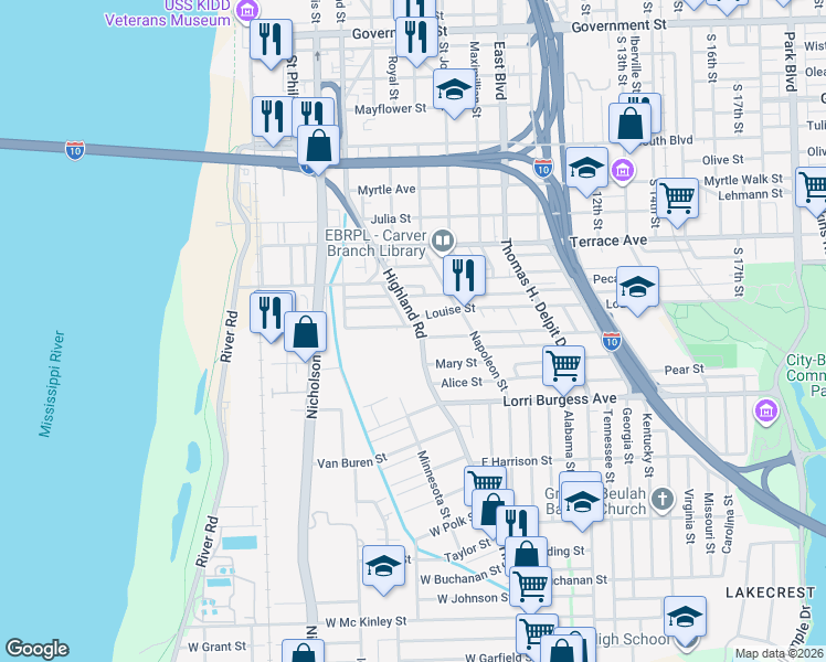 map of restaurants, bars, coffee shops, grocery stores, and more near 1556 Highland Road in Baton Rouge