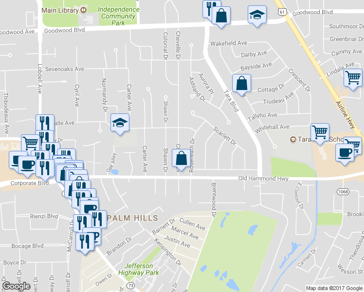 map of restaurants, bars, coffee shops, grocery stores, and more near 1859 Chevelle Drive in Baton Rouge