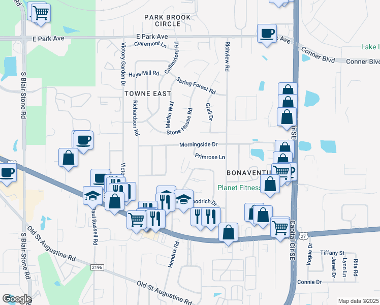 map of restaurants, bars, coffee shops, grocery stores, and more near 2802 Primrose Ln in Tallahassee