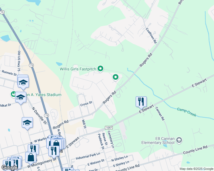 map of restaurants, bars, coffee shops, grocery stores, and more near 114 Peggy Lane in Willis