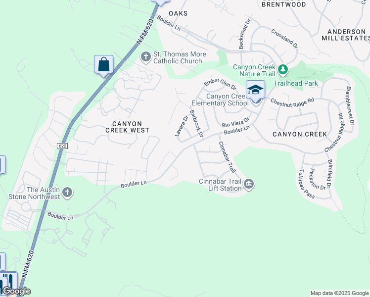 map of restaurants, bars, coffee shops, grocery stores, and more near Boulder Lane in Austin
