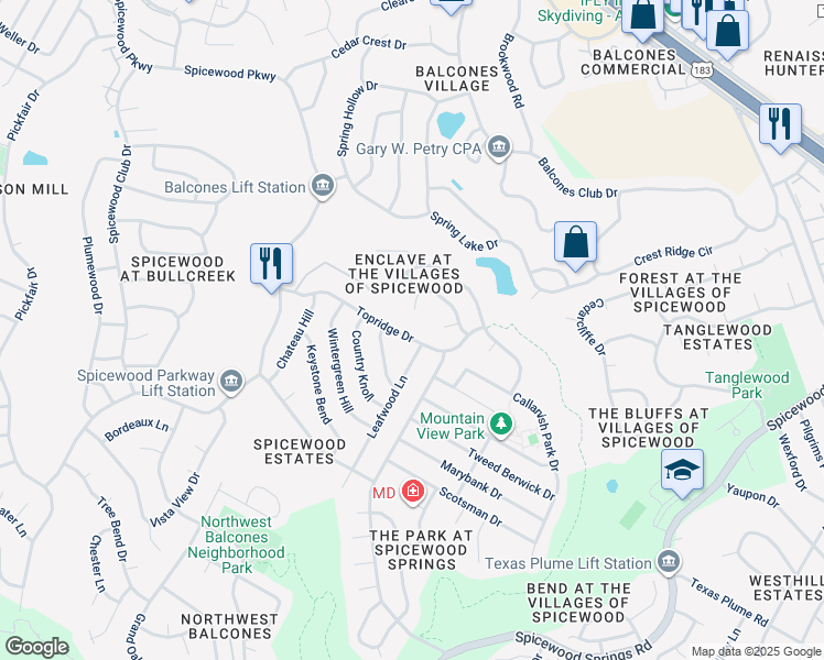 map of restaurants, bars, coffee shops, grocery stores, and more near 9304 Topridge Drive in Austin