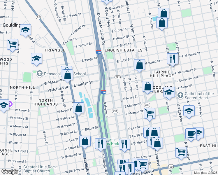 map of restaurants, bars, coffee shops, grocery stores, and more near 1919 Doctor Martin Luther King Junior Drive in Pensacola
