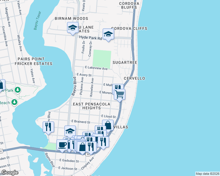 map of restaurants, bars, coffee shops, grocery stores, and more near 1205 Van Kirk Avenue in Pensacola