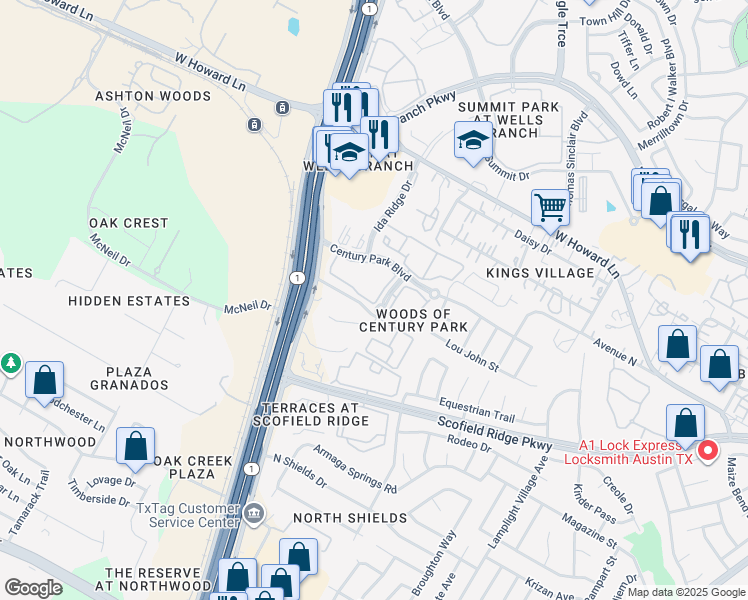 map of restaurants, bars, coffee shops, grocery stores, and more near 30 Elm Ridge Lane in Austin