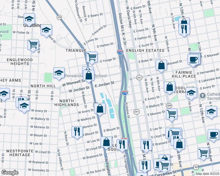 map of restaurants, bars, coffee shops, grocery stores, and more near 2007 North Tarragona Street in Pensacola