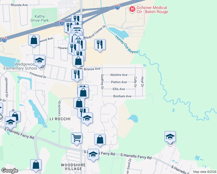 map of restaurants, bars, coffee shops, grocery stores, and more near 16433 Ellis Avenue in Baton Rouge