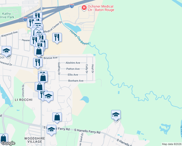 map of restaurants, bars, coffee shops, grocery stores, and more near 2236 Hoyt Drive in Baton Rouge
