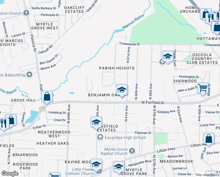 map of restaurants, bars, coffee shops, grocery stores, and more near 1805 Sandra Drive in Pensacola