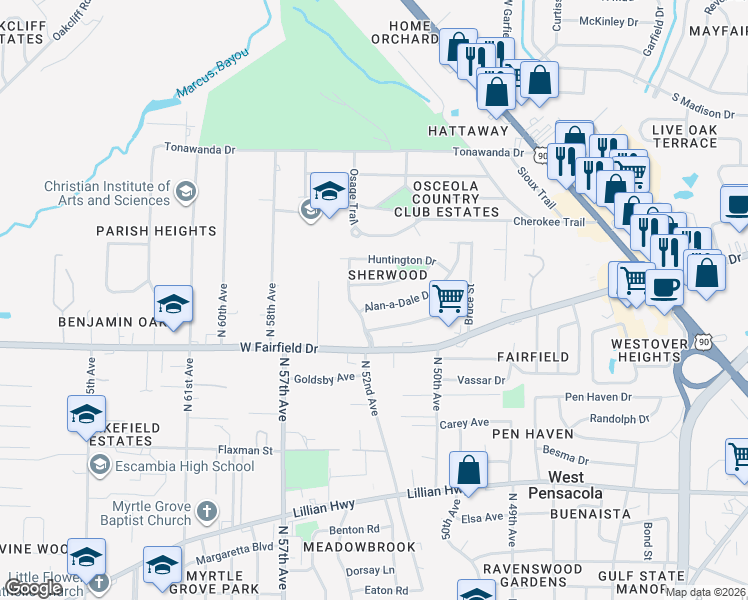 map of restaurants, bars, coffee shops, grocery stores, and more near 6 Alan-a-Dale Drive in Pensacola