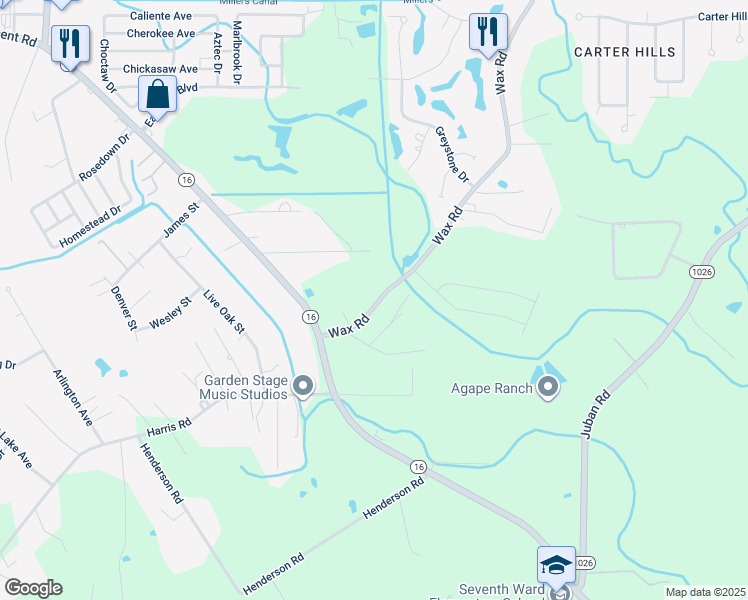 map of restaurants, bars, coffee shops, grocery stores, and more near 25243 Wax Road in Denham Springs
