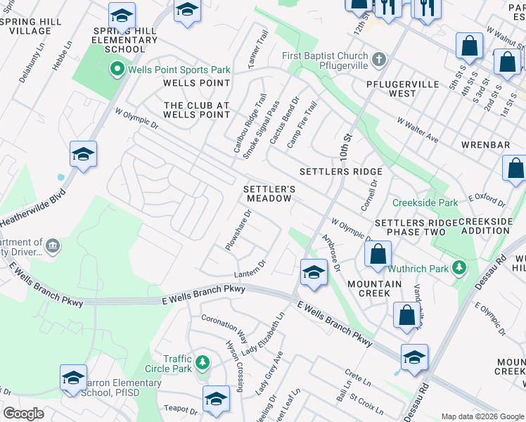 map of restaurants, bars, coffee shops, grocery stores, and more near 904 Twisted Fence Drive in Pflugerville