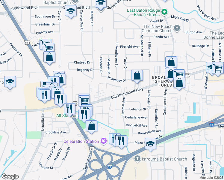 map of restaurants, bars, coffee shops, grocery stores, and more near 10157 Runnymede Avenue in Baton Rouge