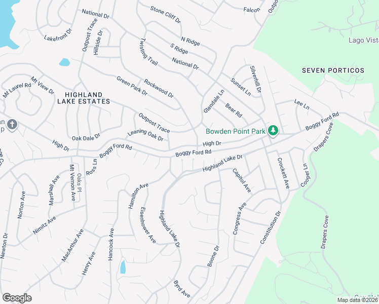 map of restaurants, bars, coffee shops, grocery stores, and more near 20508 Boggy Ford Road in Lago Vista